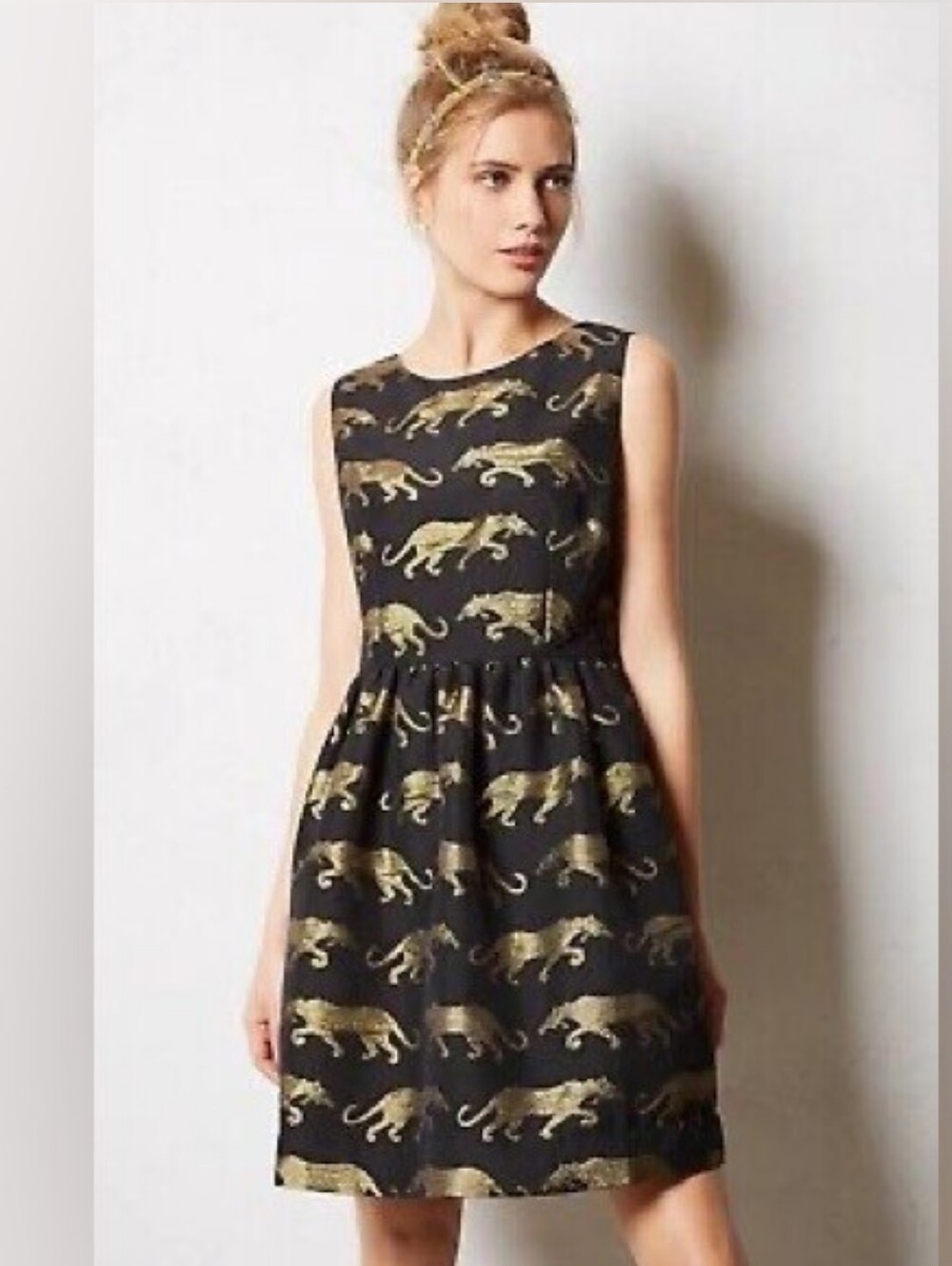 Anthropologie Eyedoll Metallic Gold Panther Brocade Fit & Flare Dress Pocket 0